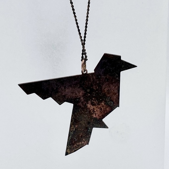 SHLOMIT OFIR Geometric Origami Bird Pendant with Turquoise Enamel & Silver Chain - Picture 4 of 4